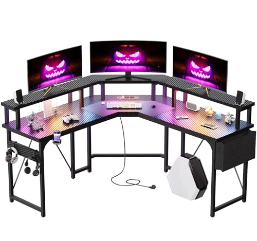 Devoko 153x153 cm Gaming Schreibtisch mit LED, groß Gaming Tisch L Form mit 2 Steckdosen und 2 USB Ladeanschluss, Eckschreibtisch PC Tisch mit großzügiger Monitorablage, Kohlenschwarz von Devoko