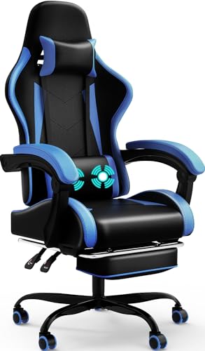 Devoko Massage Gaming Stuhl, Computer Bürostuhl mit Fußstütze, Racing Gamer Stuhl 150kg Belastbarkeit, 90-135° Rückenlehne einstellbar 360° drehbar Ergonomischer PC Stuhl(Blau) von Devoko