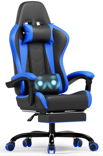 Devoko Massage Gaming Stuhl, Computer Bürostuhl mit Fußstütze, Racing Gamer Stuhl 150kg Belastbarkeit, 90-135° Rückenlehne einstellbar 360° drehbar Ergonomischer PC Stuhl(Blau) von Devoko