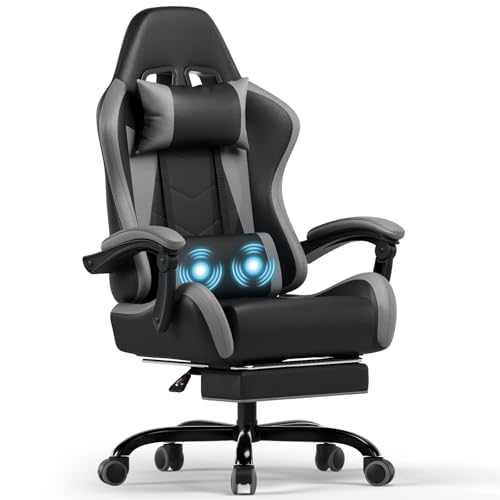 Devoko Ergonomischer Gaming Stuhl mit Massagefunktion und ausziehbarer Fußstütze, verstellbare Rückenlehne 90-135°, Komfortabler Bürostuhl für Home Office, Computersessel 150kg Belastbarkeit, Grau von Devoko