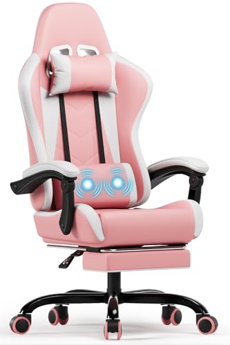 Devoko Ergonomischer Gaming Stuhl mit Massagefunktion und ausziehbarer Fußstütze, verstellbare Rückenlehne 90-135°, Komfortabler Bürostuhl für Home Office, Computersessel 150kg Belastbarkeit, Rosa von Devoko