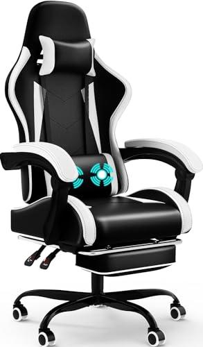 Devoko Massage Gaming Stuhl, Computer Bürostuhl mit Fußstütze, Racing Gamer Stuhl 150kg Belastbarkeit, 90-135° Rückenlehne einstellbar Ergonomischer PC Stuhl, 360° drehbar, Weiß von Devoko