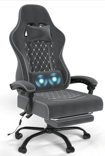 Devoko Massage Gaming Stuhl, Racing Gamer Stuhl aus weichem Hightech-Stoff mit Massage-Lendenwirbelstütze, Fussrasten, 150 kg Belastbarkeit, Ergonomischer Bürostuhl (Grau-New) von Devoko