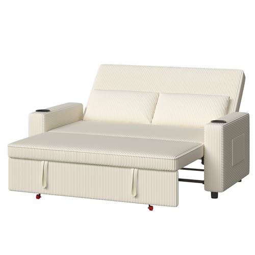 Devoko Sofa mit Schlaffunktion, Schlafcouch Ausziehbar mit Verstellbarer Rückenlehne, Schlafsofa Klein Klappsofa Sofa 2 Sitzer für Wohnzimmer & Schlafzimmer, Beige von Devoko