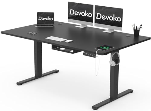Devoko Höhenverstellbarer Schreibtisch 160x80cm mit Typ-C Ladeanschluss, Schreibtisch Höhenverstellbar Elektrisch, Mobiler Elektrisch Computertisch mit Kabel Management Tray, Schwarz von Devoko
