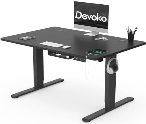 Devoko Höhenverstellbar Schreibtisch 120x80 cm, Elektrischer Stehschreibtisch mit USB-A&C-Ladesteuerung, Mobiler Computertisch mit Kabelmanagement und 360°Rollen(Schwarz) von Devoko