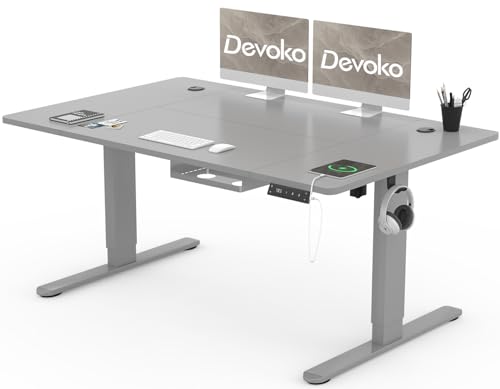 Devoko Höhenverstellbarer Schreibtisch 140x80cm mit Typ-C Ladeanschluss, Schreibtisch Höhenverstellbar Elektrisch, Mobiler Elektrisch Computertisch mit Kabel Management Tray, Grau von Devoko