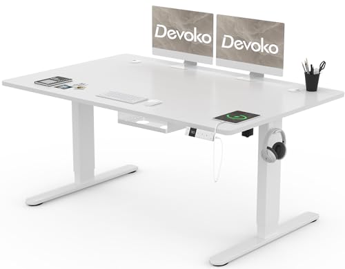 Devoko Höhenverstellbar Schreibtisch 140x80cm mit USB A&C Ladeanschluss, Mobiler Elektrisch Computertisch mit Kabel Management Tray und 3-Funktions-Memory, Weiß mit Rollen von Devoko