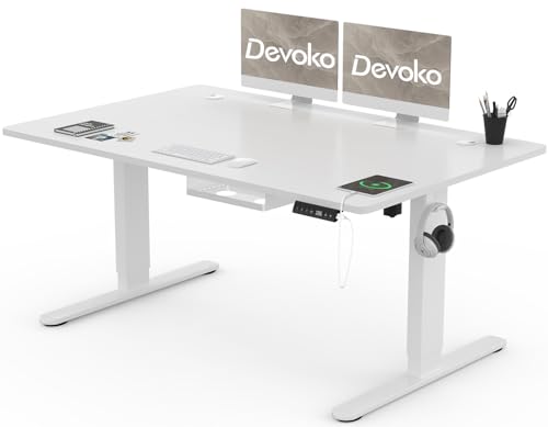 Devoko Höhenverstellbar Schreibtisch 140x80cm mit USB A&C Ladeanschluss, Mobiler Elektrisch Computertisch mit Kabel Management Tray und 3-Funktions-Memory, Weiß mit Rollen von Devoko