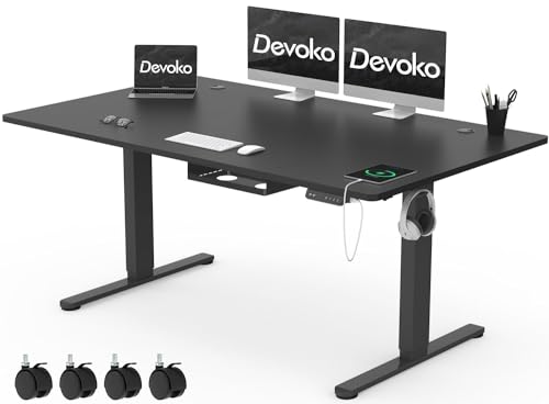 Devoko Schreibtisch Höhenverstellbar Elektrisch 140x80cm mit USB A&C-Ladeanschluss und Sitz Stand Erinnerung, Mobiler Computertisch mit Kabel Management Tray und 3-Funktions-Memory, Schwarz mit Rollen von Devoko