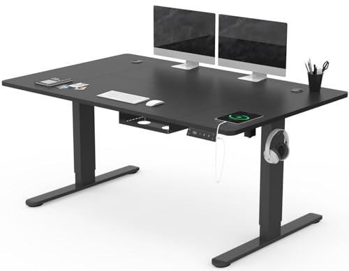 Devoko Höhenverstellbarer Schreibtisch 140x80cm mit Typ-C Ladeanschluss, Schreibtisch Höhenverstellbar Elektrisch, Mobiler Elektrisch Computertisch mit Kabel Management Tray, Schwarz von Devoko