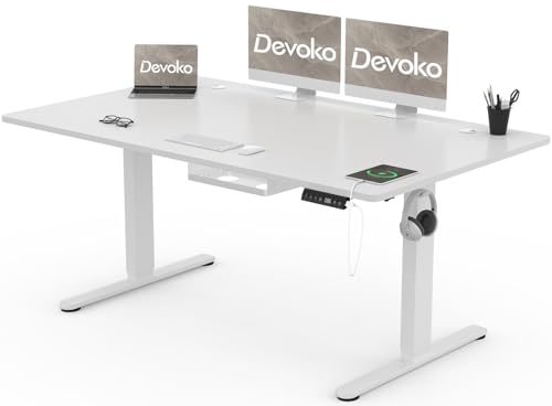 Devoko Schreibtisch Höhenverstellbar Elektrisch 160x80cm mit USB A Ladeanschluss und Sitz Stand Erinnerung, Mobiler Computertisch mit Kabel Management Tray und 3-Funktions-Memory, Weiß mit Rollen von Devoko