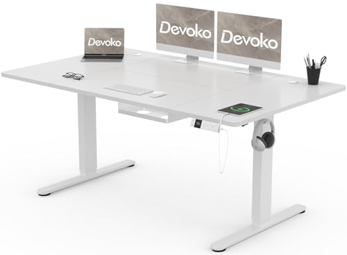 Devoko Höhenverstellbarer Schreibtisch 160x80cm mit Typ-C Ladeanschluss, Mobiler Elektrisch Computertisch mit Kabel Management Tray und 3-Funktions-Memory, Weiß von Devoko