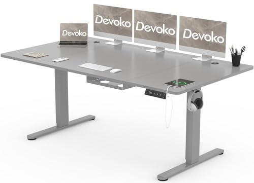 Devoko Höhenverstellbarer Schreibtisch 180x80cm mit Typ-C Ladeanschluss, Schreibtisch Höhenverstellbar Elektrisch, Mobiler Elektrisch Computertisch mit Kabel Management Tray, Grau von Devoko