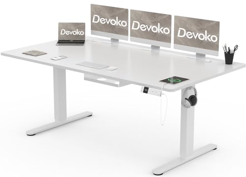 Devoko Schreibtisch Höhenverstellbar Elektrisch 180x80cm mit USB A&C-Ladeanschluss, Mobiler Computertisch mit Kabel Management Tray und 3-Funktions-Memory, Weiß mit Rollen von Devoko