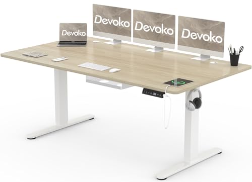 Devoko Schreibtisch Höhenverstellbar Elektrisch 180x80cm mit USB A&C-Ladeanschluss, Mobiler Computertisch mit Kabel Management Tray und 3-Funktions-Memory, Eiche mit Rollen von Devoko