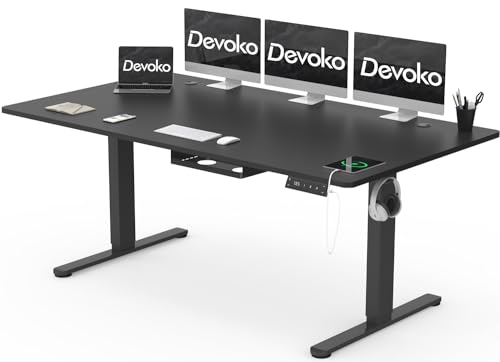 Devoko Schreibtisch Höhenverstellbar Elektrisch 180x80cm mit USB A-Ladeanschluss, Mobiler Computertisch mit Kabel Management Tray und 3-Funktions-Memory, Schwarz mit Rollen von Devoko