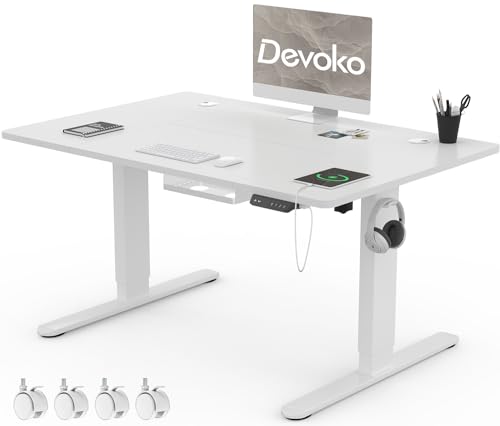 Devoko Höhenverstellbar Schreibtisch 120x80cm mit USB A&C-Ladeanschluss, Mobiler Computertisch mit Kabel Management Tray und 3-Funktions-Memory, Weiß mit Rollen von Devoko