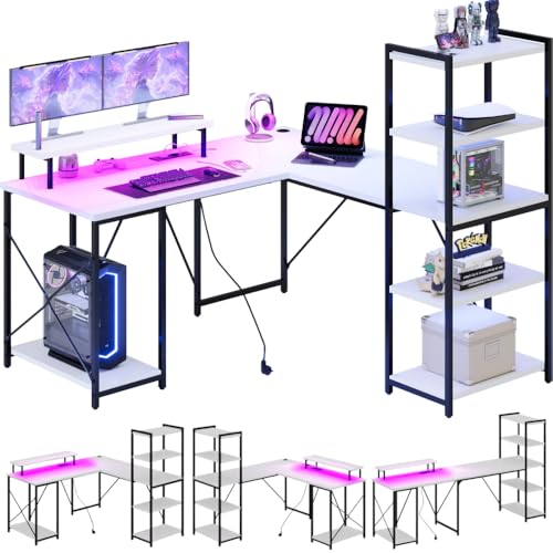 Devoko Gaming Tisch Schreibtisch l Form mit LED, Schreibtisch mit Regal, Bürotisch mit USB-Ladeanschluss & Steckdose, Eckschreibtisch mit Monitorständer 140×140cm (Weiß) von Devoko