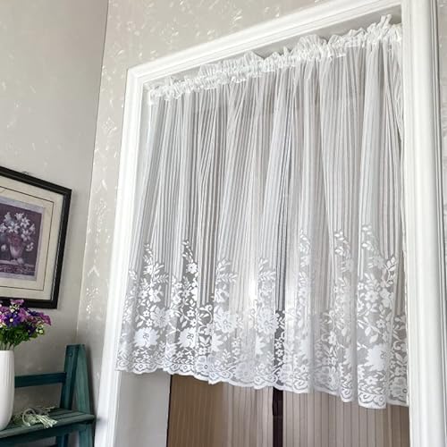 Devola Amerikanische Spitze Scheibengardine transparente Blumenmuster Bistrogardine Landhaus Kurzgardine mit Streifenmuster Einfache Romantische Küchengardine Tür Vorhänge BxH 200x100cm Weiß 1er Pack von Devola