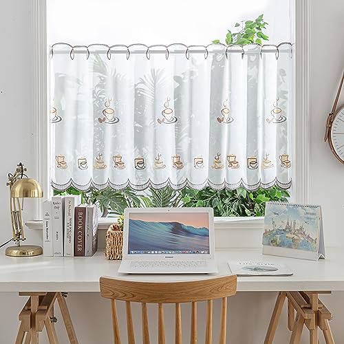 Devola Bistrogardine mit Stickerei Scheibengardine Lochleiste Transparent Küchengardinen im Landhausstil Cáfe Gardine Fenstergardine Wohnzimmer HxB 65x200cm Kaffeemuster 1 Stück von Devola