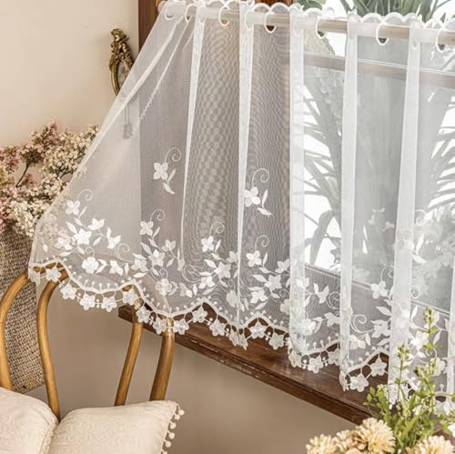Devola Elegante Scheibengardine mit Blumenstickerei Kurzgardine Transparent Bistrogardine Romantisch Kleine Fenstergardinen Fertiggardinen Dekoration HxB 65x100cm Weiß 1 Stück von Devola
