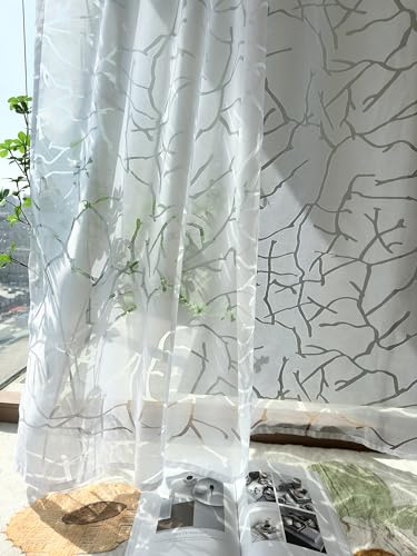 Devola Gardine Zweige Voile Vorhang Halbtransparent Dekoschal Wohnzimmer Gardinenschals Modern Fenstervorhang Küche schiebevorhänge Landhaus HxB 225x140cm Weiß mit Kräuselband 1 Stück von Devola