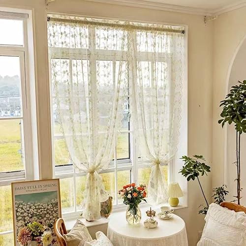 Devola Gardinen Spitze Vintage Transparent Gardinenschals Landhausgardinen Balkongardine Fertiggardine Fensterschal Beige Fenstergardinen Landhausstil Lang BxH 130x130cm 1 Stück von Devola