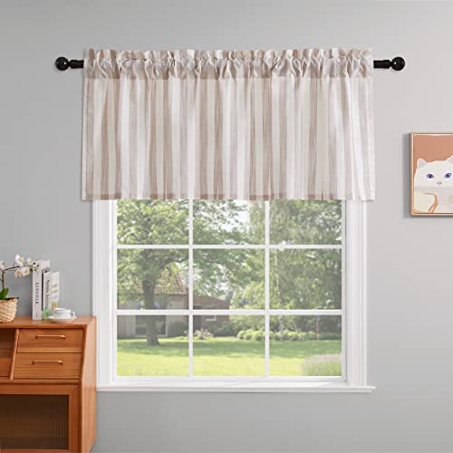 Devola Gestreifte Scheibengardinen leinenoptik kurz gardinen Bistrogardine Halbtransparent mit Streifen klein Fenster gardine küchenvorhang Fenster modern Kurzstore HxB 45x120cm Beige 1 Stück von Devola