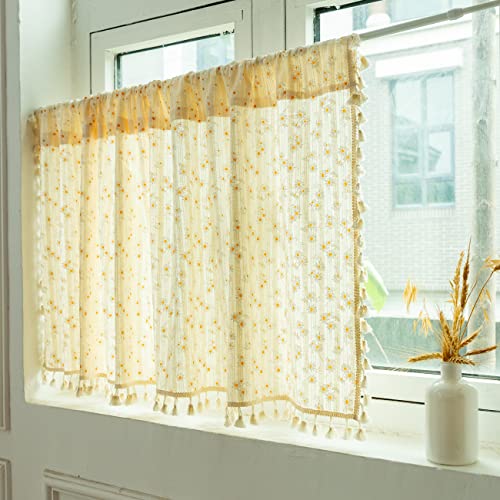 Devola Halbtransparente Scheibengardinen Landhausstil mit Quasten Küchengardine mit Gänseblümchen Kurze Bistrogardine Kleinfenster Gardinen modern Kurzstore HxB 90x100cm Beige 1 Stück von Devola