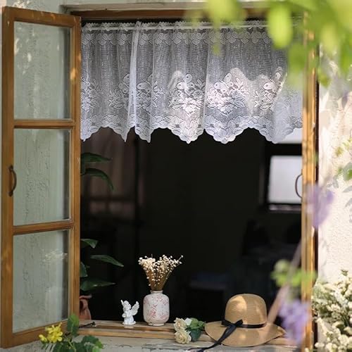 Devola Jacquard Gardinen Kurz Scheibengardine mit Lochleiste Gardinen Spitze Küchengardinen Modern Fenstergardinen Halbtransparente HxB 50x120cm Weiß mit Muster-2 1 Stück von Devola