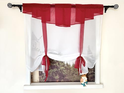 Devola Kleinfenster Raffrollo Kuvert Gardinen Voile Raffgardinen Bändchenrollo mit Stangendurchzug Küchenvorhang Transparent Modern Fertiggardinen Wohnzimmer HxB 155x120cm Rot 1 Stück von Devola