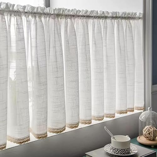 Devola Kurzgardine Leinenoptik Scheibengardinen Modern Kurz Küche Gardine Bistrogardine Halb Transparent Kleine Fenstervorhänge Kurzstore mit Stangendurchzug BxH 200x40cm Weiß 1 Stück von Devola