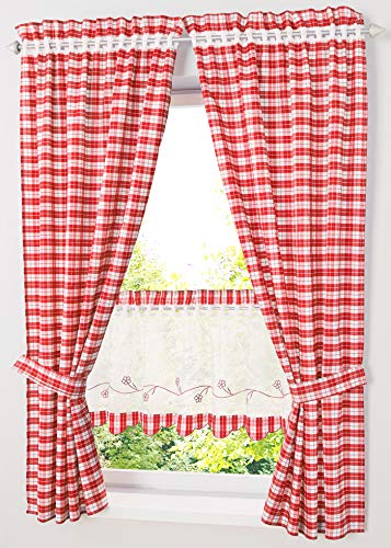 Devola Landhausstil Karierte Gardine Halbtransparente Fensterschal mit Raffhalter Home Deco Fenstergardinen Cafe Vorhang Tür Vorhang BxH 80x120cm Rot 2 Stück von Devola