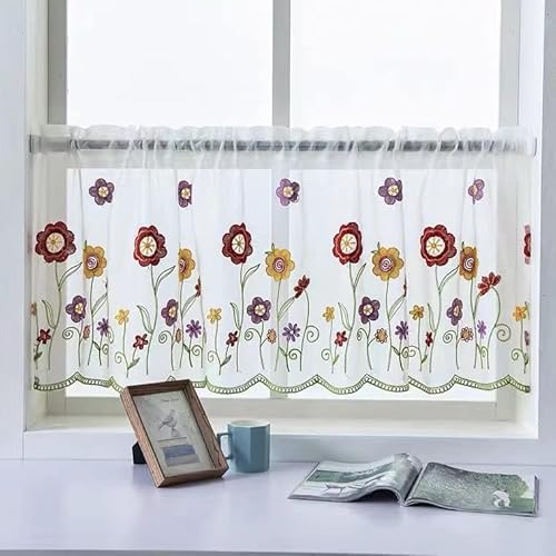 Devola Landhausstil Vorhang Blumenmuster Stickerei Scheibengardine tranparente Bistrogardine Moderne Kleines Fenstervorhang Küchengardine Kurzstore HxB 30x120cm Rot-Blumen 1er Pack von Devola