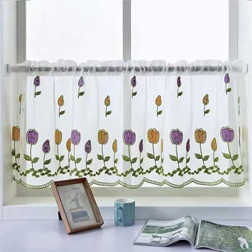 Devola Landhausstil Vorhang Blumenmuster Stickerei Scheibengardine tranparente Bistrogardine Moderne Kleines Fenstervorhang Küchengardine Kurzstore HxB 45x90cm Violett-Tulpe 1er Pack von Devola