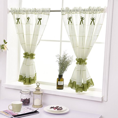 Devola Pastorale Art Scheibengardine Transparent Gingham Bistrogardine mit Raffbänder Design Vorhang Leinen-Garn Kurzgardine Küche Gardine Dekoration Vorhänge HxB 70x140cm Grün 1er Pack von Devola
