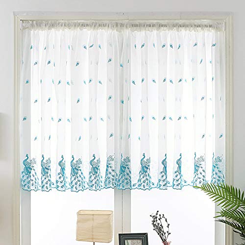 Devola Pastorale Art Scheibengardine Transparente Peacock-Muster Stickerei Bistrogardinen Cáfe Gardine Privatsphäre Fenstervorhang Kurzstores HxB 100x90cm Blau 1er Pack von Devola