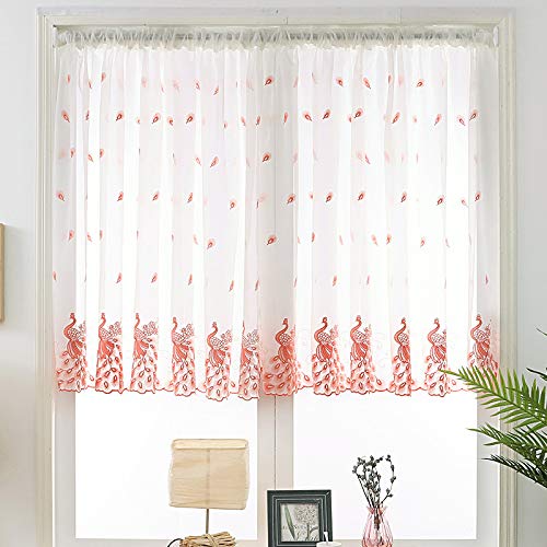 Devola Pastorale Art Scheibengardine Transparente Peacock-Muster Stickerei Bistrogardinen Cáfe Gardine Privatsphäre Fenstervorhang Kurzstores HxB 120x200cm Rosa 1er Pack von Devola