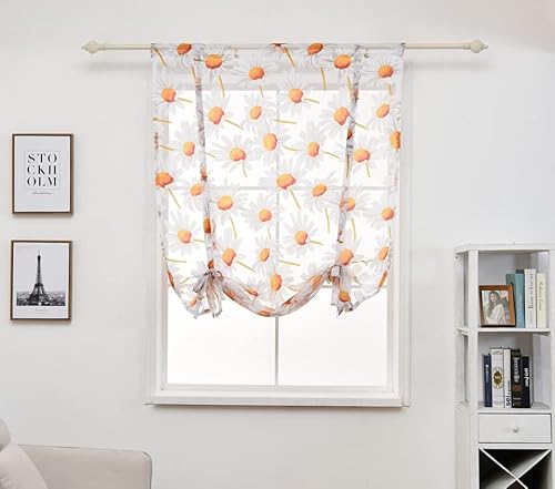 Devola Pastorale Raffrollo Sonnenblume-Motiven Raffgardinen transparent Garn Fertiggardine mit Kordelzug Küche Gardine Fensterschal Fensterdekoration RollBxH 80x120cm Weiß 1er Pack von Devola