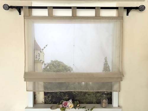 Devola Raffrollo Einfarbig Schlaufenrollo Modern Raffgardine Transparent Küchen Gardinen Voile Gardinen Kurz HxB 140x45cm Sand 1 Stück von Devola