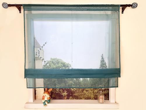 Devola Raffrollo Einfarbig Voile Raffgardinen Küchengardinen Transparent Bändchenrollo mit Tunnelzug Fertiggardinen Moder HxB 140x45cm Türkis 1 Stück von Devola