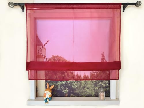 Devola Raffrollo Einfarbig Voile Raffgardinen Küchengardinen Transparent Bändchenrollo mit Tunnelzug Fertiggardinen Moder HxB 140x60cm Rot 1 Stück von Devola