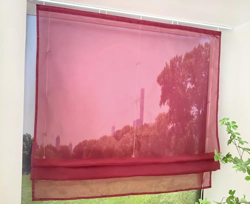 Devola Raffrollo Transparent mit Klettband Raffgardinen Modern Wohnzimmer Gardinen Einfarbig Bändchenrollo Landhaus Voile Vorhang Kurz HxB 140x120cm Rot 1 Stück von Devola