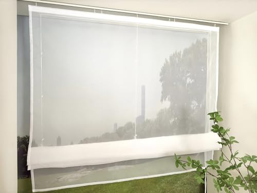 Devola Raffrollo Transparent mit Klettband Raffgardinen Modern Wohnzimmer Gardinen Einfarbig Bändchenrollo Landhaus Voile Vorhang Kurz HxB 140x120cm Weiß 1 Stück von Devola