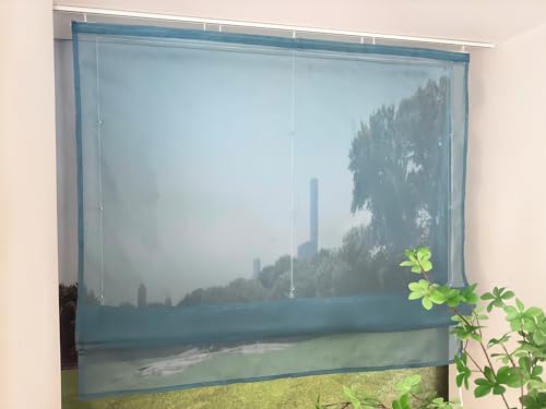 Devola Raffrollo Transparent mit Klettband Raffgardinen Modern Wohnzimmer Gardinen Einfarbig Bändchenrollo Landhaus Voile Vorhang Kurz HxB 140x80cm Türkis 1 Stück von Devola