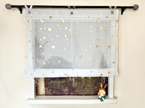 Devola Raffrollo mit Glanzdruck Voile Raffgardinen Bändchenrollo Moderne Küchenvorhang Kurz Transparent Fertiggardinen Wohnzimmer HxB 130x60cm Gold mit Hakenösen 1 Stück von Devola