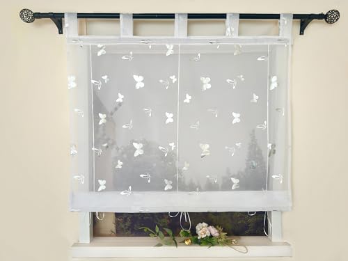 Devola Raffrollo mit Schlaufen Glitzer Voile Raffgardinen Gardine mit Glanzdruck Küchengardinen Modern Raffrollo Schlaufenrollo Transparent HxB 120x80cm Schmetterling Muster 1 Stück von Devola