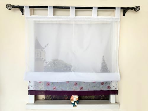 Devola Raffrollo mit Schlaufen Raffgardine Stickerei Schlaufenrollo Transparent Gardinen Kurz Landhaus Küchengardinen Vorhänge HxB 150x60cm Violett 1 Stück von Devola