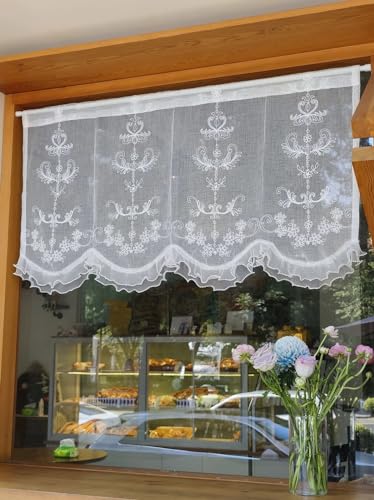 Devola Scheibengardine Barock Bistrogardine Französisch Küchengardinen mit Blumen Stickerei Gardine Spitze Transparente Deko Vorhänge Kurz HxB 65x112cm Weiß-Zwei (1 Stück) von Devola